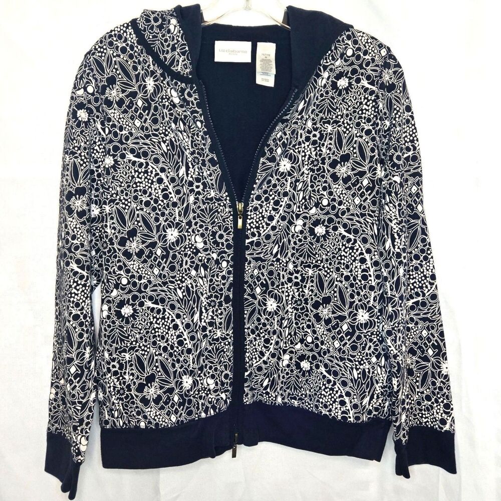 Liz Clairbone Jacket Hoodie Black White Floral Flower Women Size Medium Petite